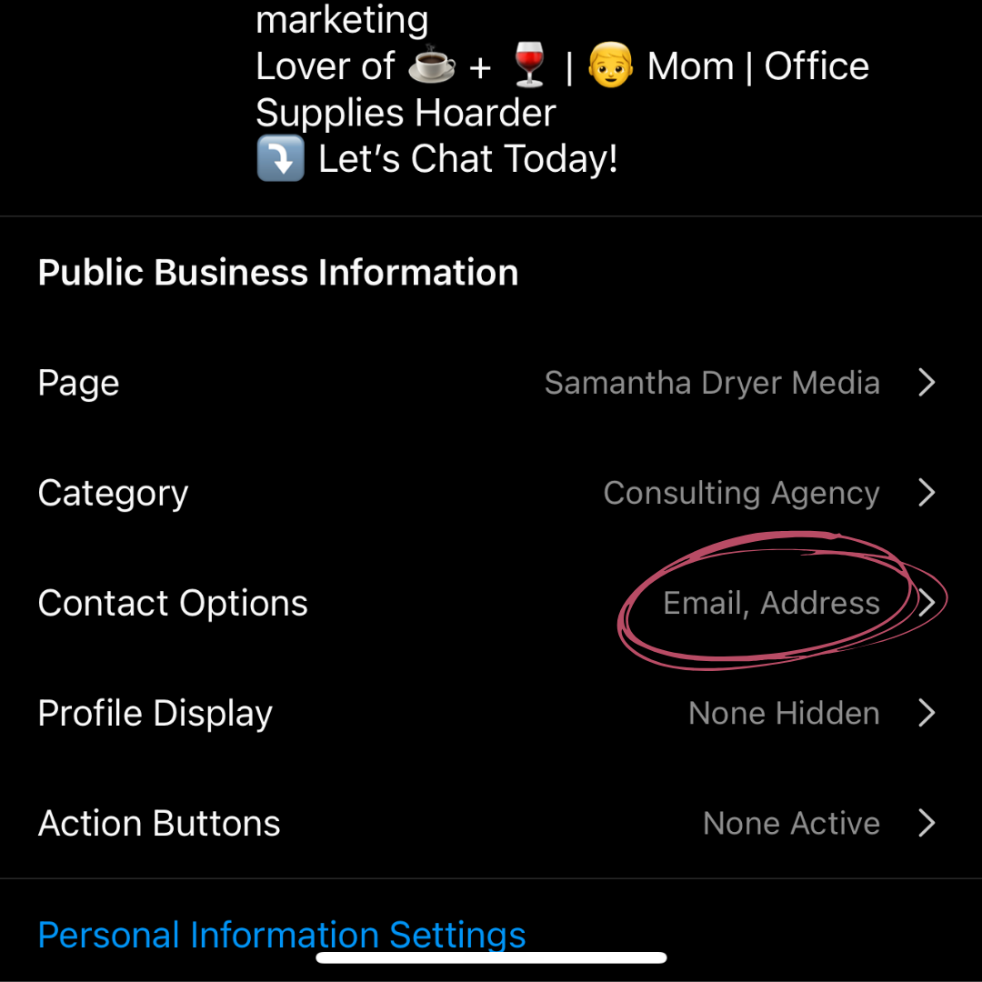 Instagram highlighting extra areas to fill out like email and address